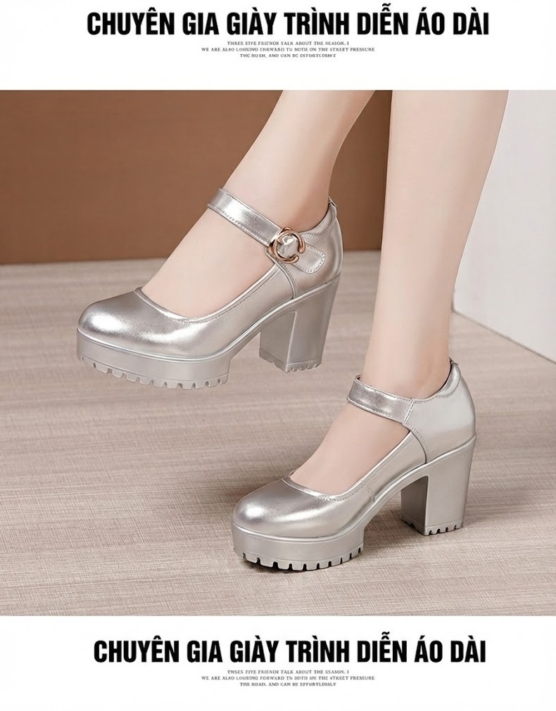 Giày Cao Gót Nữ Da Bò Chiều Cao Đế Khoảng 8cm Quai Ngang Màu Đen, Đỏ, Bạc, Trắng... chi tiết 13
