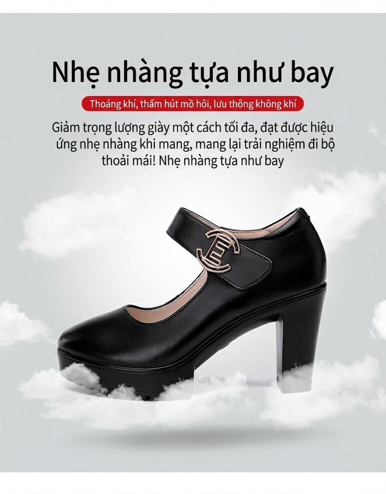 Giày Cao Gót Nữ Da Bò Mũi Tròn Quai Ngang Chiều Cao Đế Khoảng 7cm Màu Đen, Đỏ, Bạc... chi tiết 7