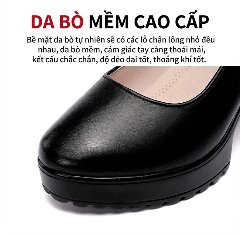Giày Cao Gót Nữ Da Bò Mũi Tròn Quai Ngang Chiều Cao Đế Khoảng 7cm Màu Đen, Đỏ, Bạc... chi tiết 8