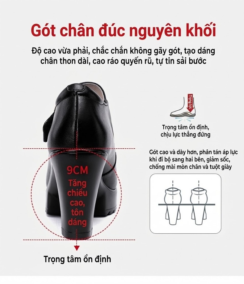 Giày Cao Gót Nữ Da Bò Mũi Tròn Quai Ngang Chiều Cao Đế Khoảng 7cm Màu Đen, Đỏ, Bạc... chi tiết 10