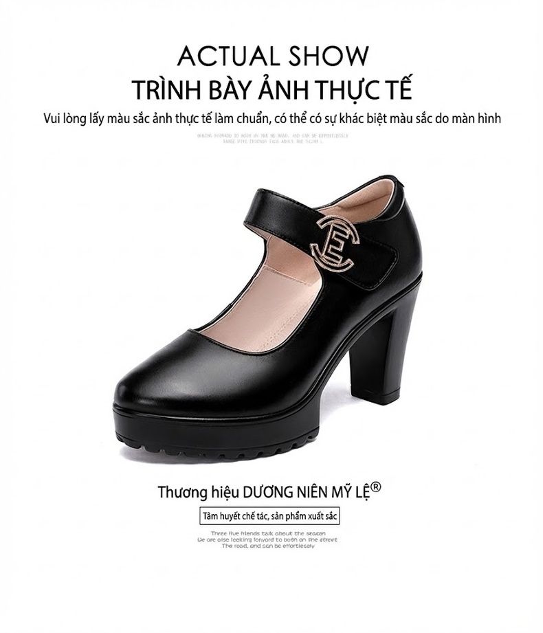 Giày Cao Gót Nữ Da Bò Mũi Tròn Quai Ngang Chiều Cao Đế Khoảng 7cm Màu Đen, Đỏ, Bạc... chi tiết 16
