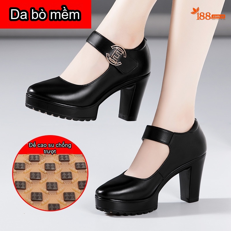 Giày Cao Gót Nữ Da Bò Mũi Tròn Quai Ngang Chiều Cao Đế Khoảng 7cm Màu Đen, Đỏ, Bạc...
