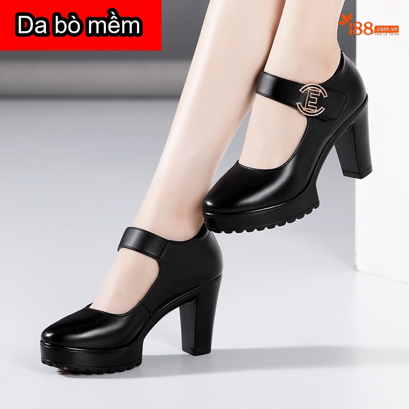 Giày Cao Gót Nữ Da Bò Mũi Tròn Quai Ngang Chiều Cao Đế Khoảng 7cm Màu Đen, Đỏ, Bạc...