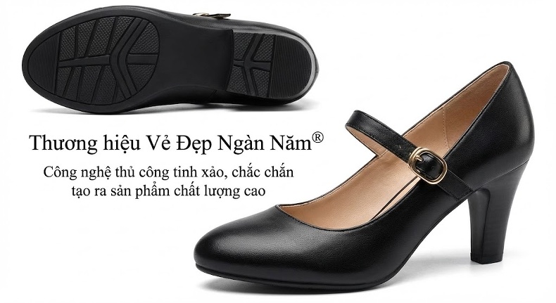 Giày Cao Gót Nữ Da Bò Mũi Tròn Quai Ngang Chiều Cao Đế Khoảng 7cm Màu Đen, Đỏ, Bạc... chi tiết 18