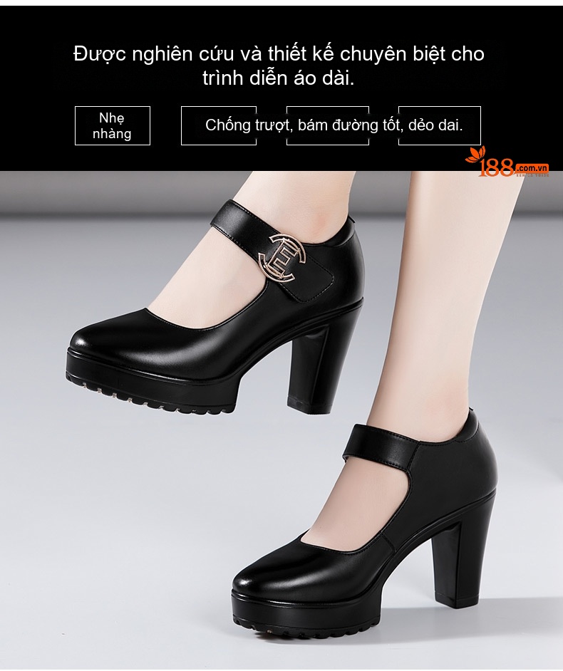 Giày Cao Gót Nữ Da Bò Mũi Tròn Quai Ngang Chiều Cao Đế Khoảng 7cm Màu Đen, Đỏ, Bạc... chi tiết 3