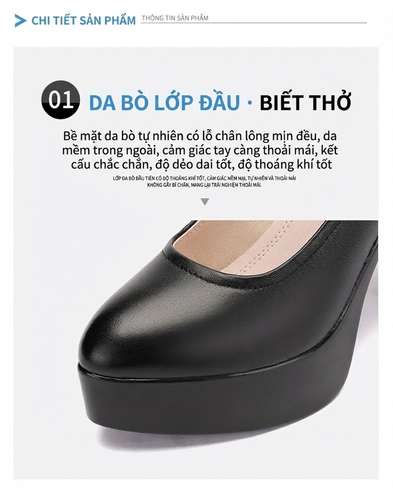 Giày Cao Gót Nữ Da Bò Quai Ngang Chiều Cao Đế Khoảng 8cm Màu Đen, Đỏ, Bạc chi tiết 11