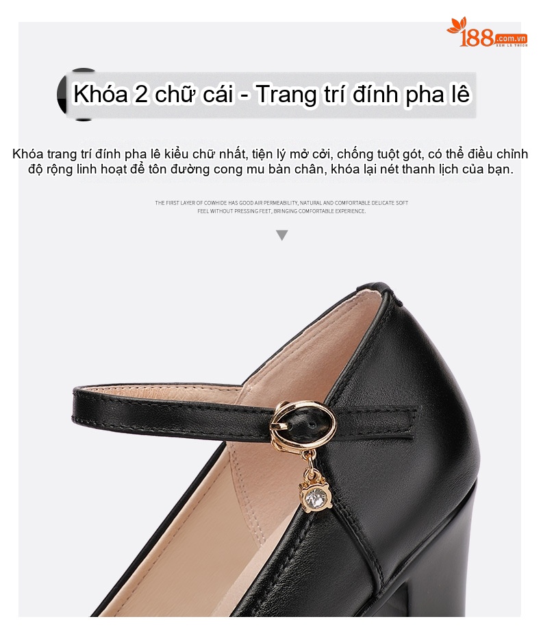 Giày Cao Gót Nữ Da Bò Quai Ngang Chiều Cao Đế Khoảng 8cm Màu Đen, Đỏ, Bạc chi tiết 12