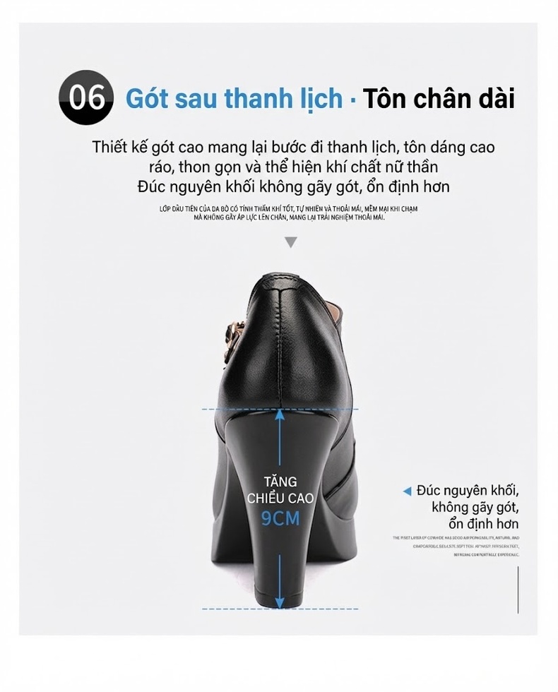 Giày Cao Gót Nữ Da Bò Quai Ngang Chiều Cao Đế Khoảng 8cm Màu Đen, Đỏ, Bạc chi tiết 16