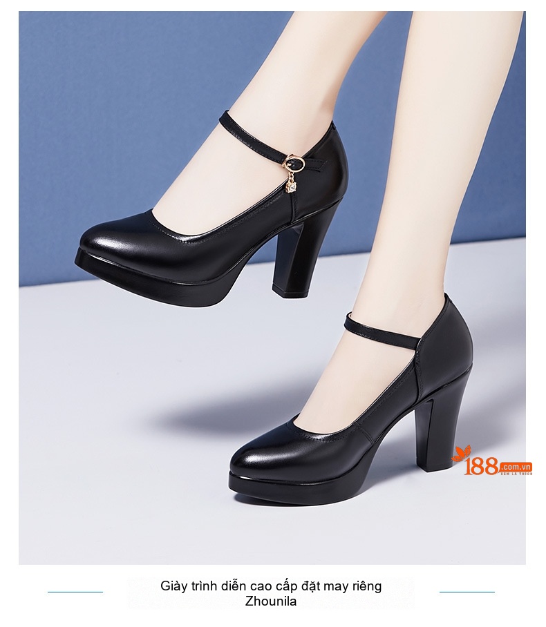 Giày Cao Gót Nữ Da Bò Quai Ngang Chiều Cao Đế Khoảng 8cm Màu Đen, Đỏ, Bạc chi tiết 6