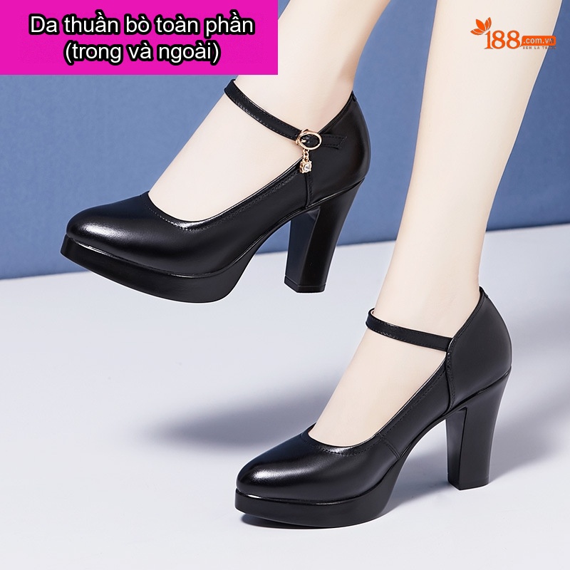 Giày Cao Gót Nữ Da Bò Quai Ngang Chiều Cao Đế Khoảng 8cm Màu Đen, Đỏ, Bạc