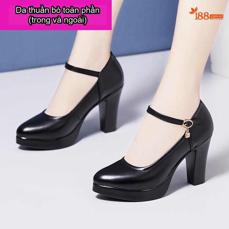 Giày Cao Gót Nữ Da Bò Quai Ngang Chiều Cao Đế Khoảng 8cm Màu Đen, Đỏ, Bạc