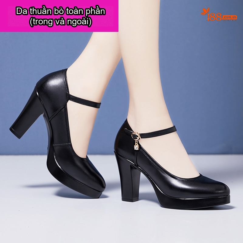 Giày Cao Gót Nữ Da Bò Quai Ngang Chiều Cao Đế Khoảng 8cm Màu Đen, Đỏ, Bạc