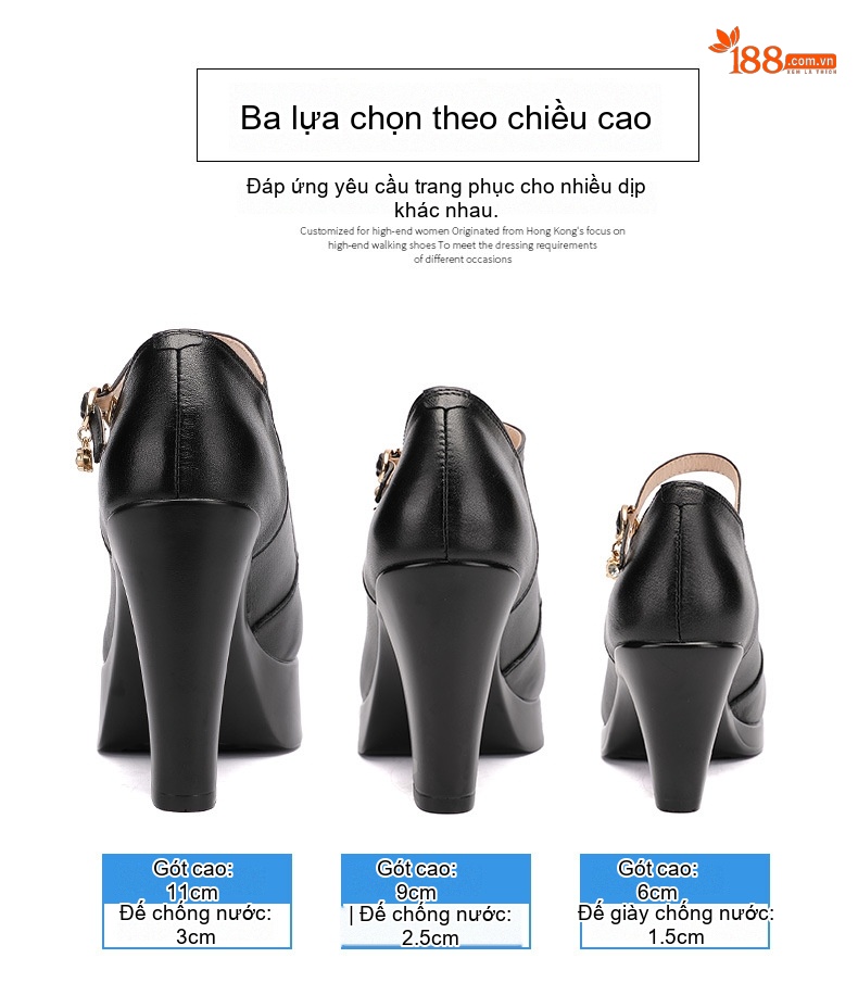 Giày Cao Gót Nữ Da Bò Quai Ngang Chiều Cao Đế Khoảng 8cm Màu Đen, Đỏ, Bạc chi tiết 3