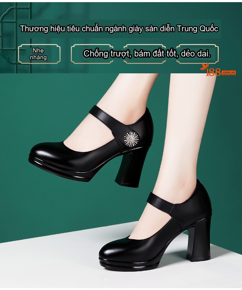 Giày Cao Gót Nữ Da Bò Quai Ngang Chống Trượt Chiều Cao Đế Khoảng 8cm Màu Đen, Trắng, Đỏ, Bạc... chi tiết 3