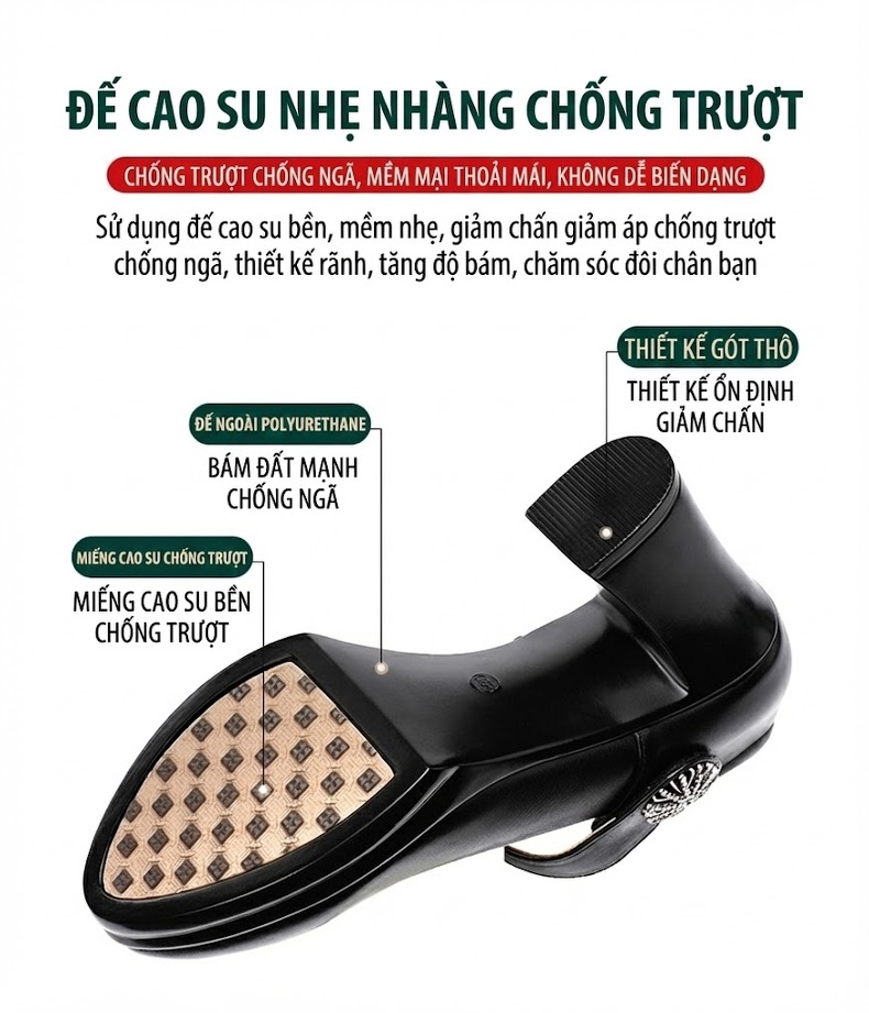 Giày Cao Gót Nữ Da Bò Quai Ngang Chống Trượt Chiều Cao Đế Khoảng 8cm Màu Đen, Trắng, Đỏ, Bạc... chi tiết 5