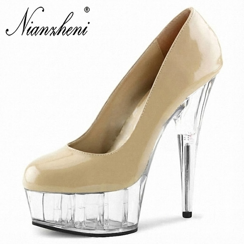 Giày Cao Gót Nữ Da Bóng Chiều Cao Đế Khoảng 15cm Màu Nude
