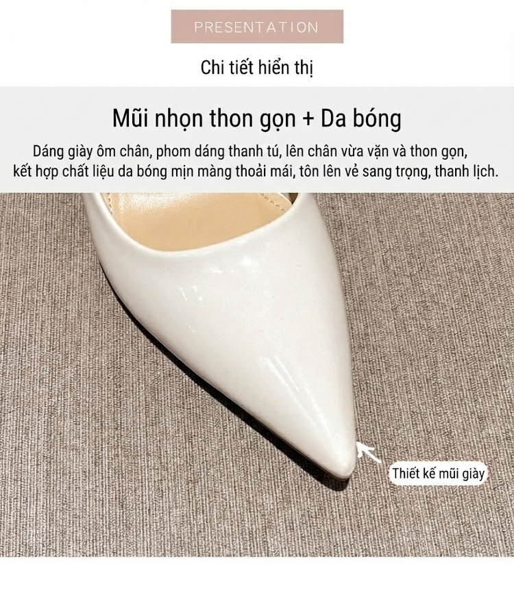 Giày Cao Gót Nữ Da Bóng Chiều Cao Đế Khoảng 5cm Màu Đen, Đỏ Rượu, Trắng chi tiết 6