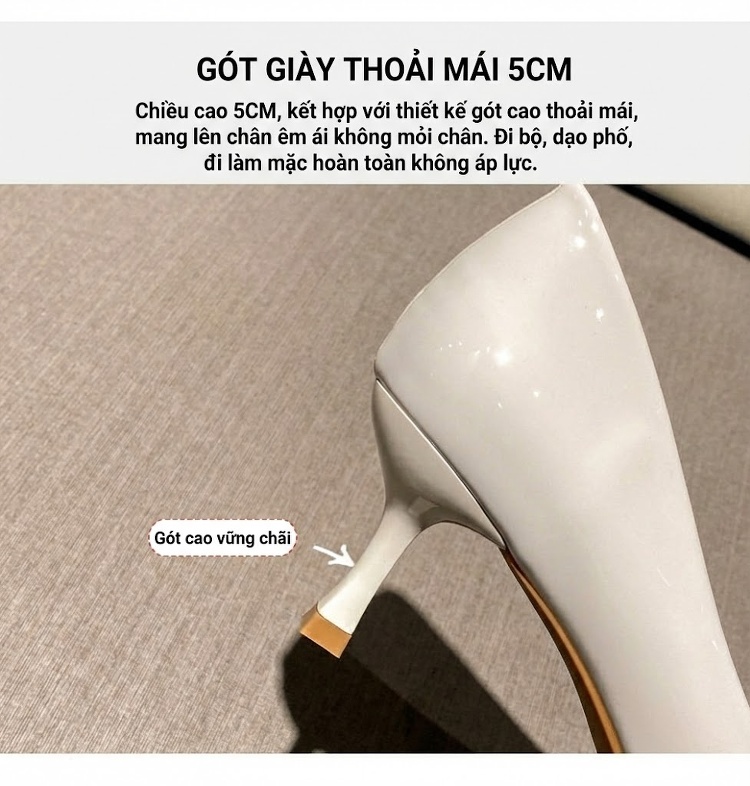 Giày Cao Gót Nữ Da Bóng Chiều Cao Đế Khoảng 5cm Màu Đen, Đỏ Rượu, Trắng chi tiết 8