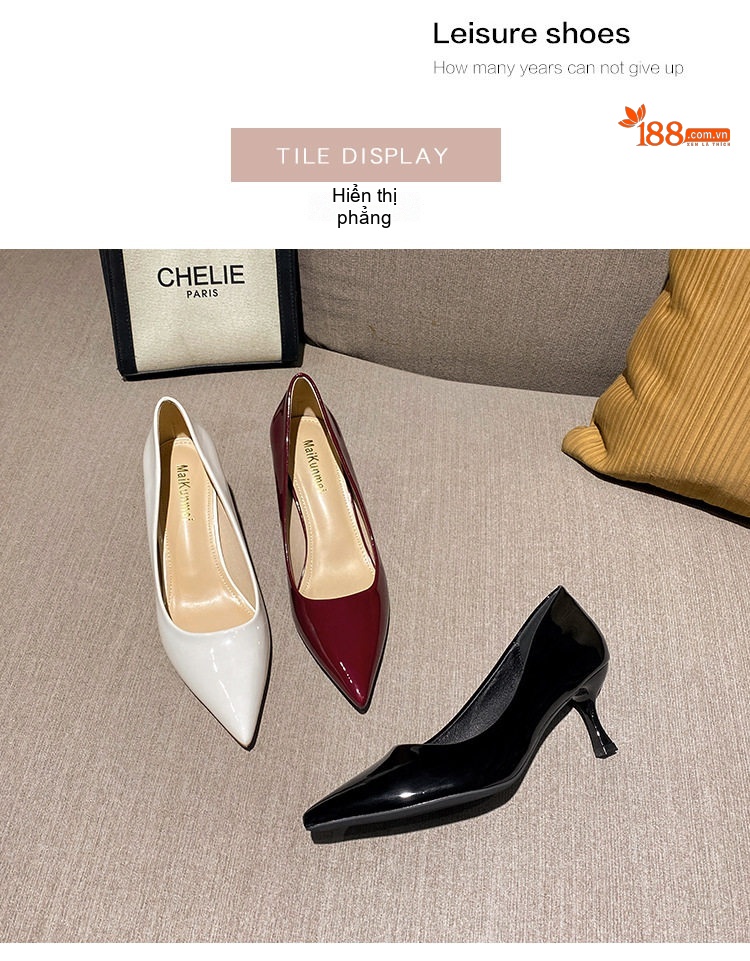 Giày Cao Gót Nữ Da Bóng Chiều Cao Đế Khoảng 5cm Màu Đen, Đỏ Rượu, Trắng chi tiết 25