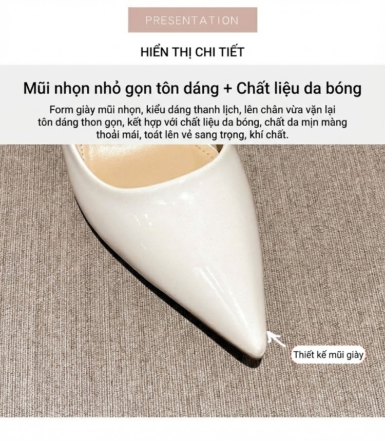 Giày Cao Gót Nữ Da Bóng Chiều Cao Đế Khoảng 5cm Màu Đen, Trắng, Đỏ chi tiết 6