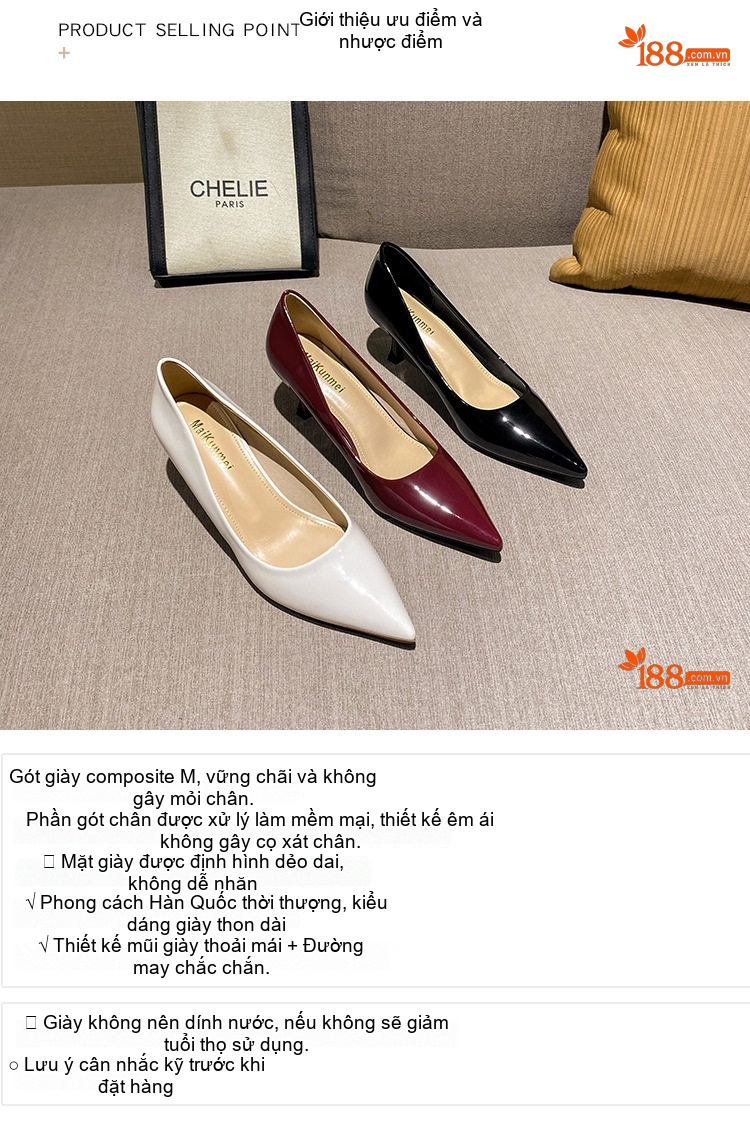 Giày Cao Gót Nữ Da Bóng Chiều Cao Đế Khoảng 5cm Màu Đen, Trắng, Đỏ chi tiết 5
