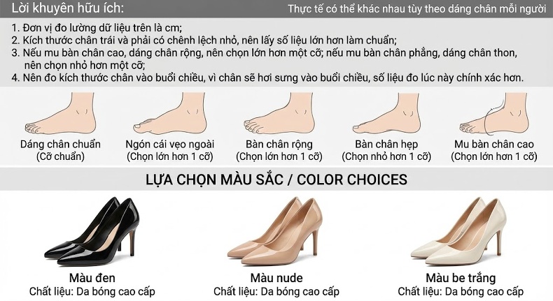 Giày Cao Gót Nữ Da Bóng Công Sở Chiều Cao Đế Khoảng 8cm Màu Đen, Kem chi tiết 5