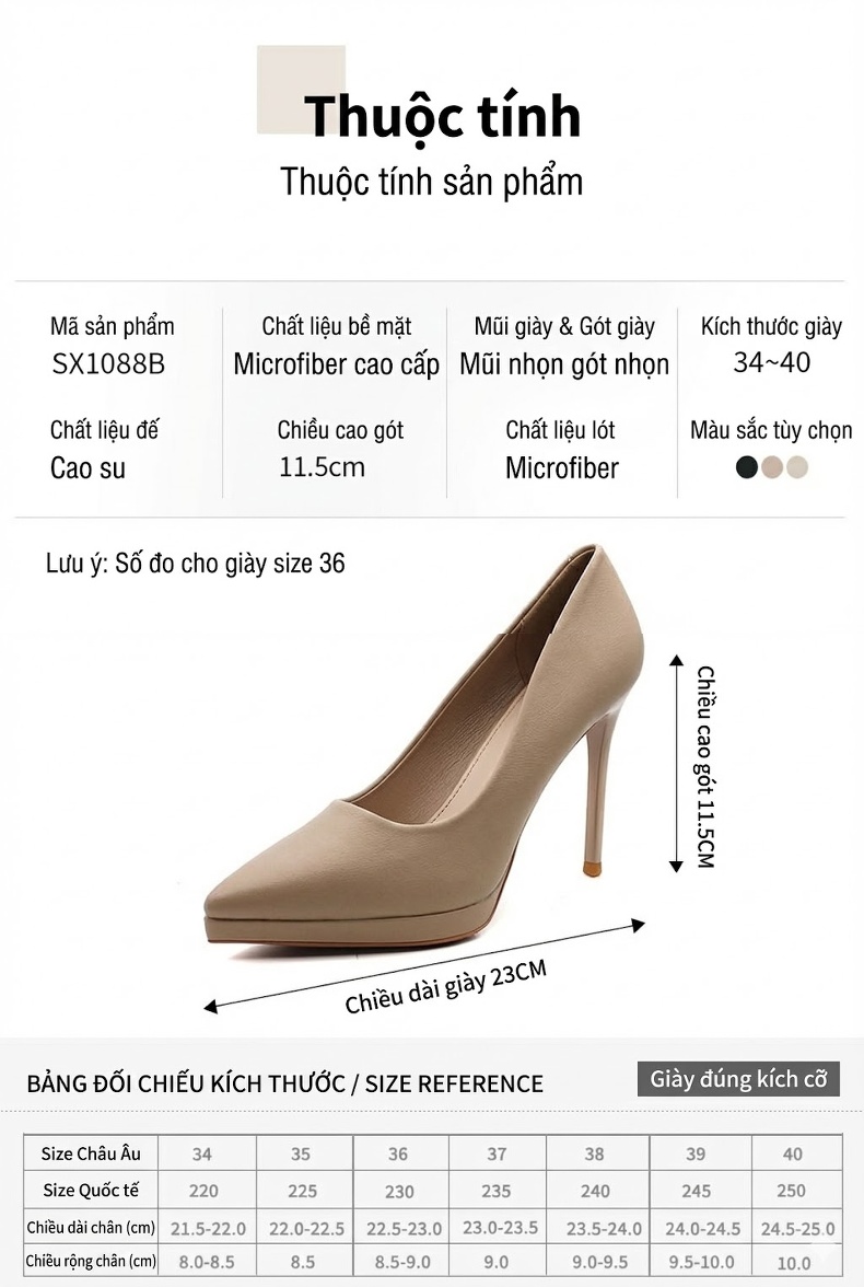 Giày Cao Gót Nữ Da Bóng Công Sở Chiều Cao Đế Khoảng 8cm Màu Đen, Kem chi tiết 4