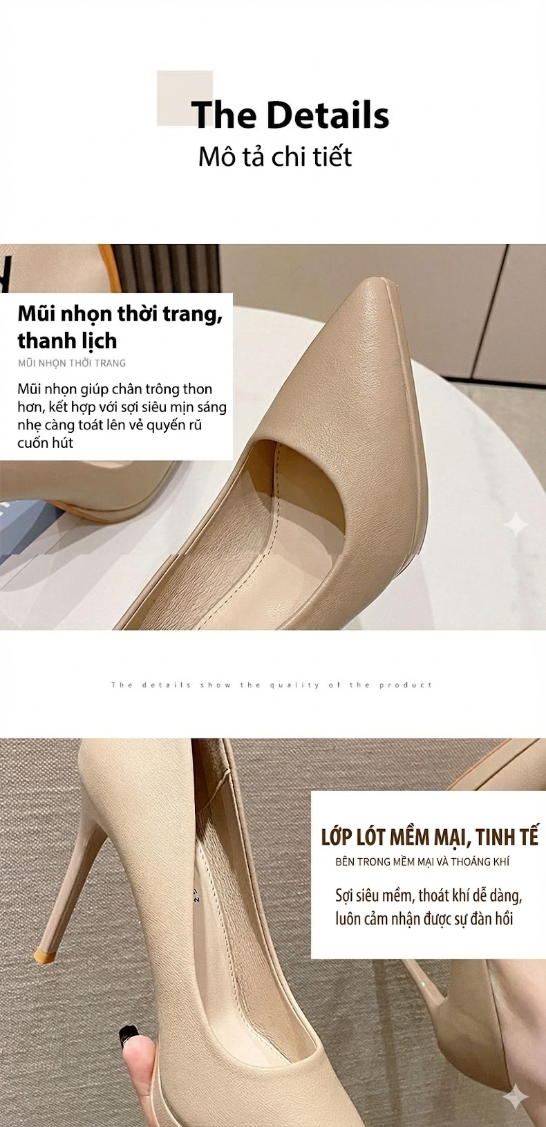 Giày Cao Gót Nữ Da Bóng Công Sở Chiều Cao Đế Khoảng 8cm Màu Đen, Kem chi tiết 6
