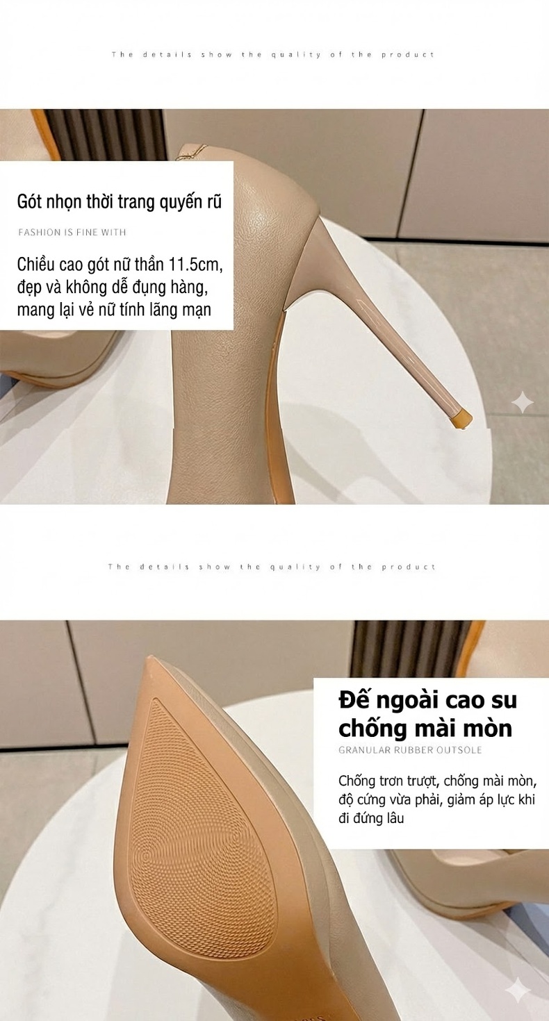 Giày Cao Gót Nữ Da Bóng Công Sở Chiều Cao Đế Khoảng 8cm Màu Đen, Kem chi tiết 7
