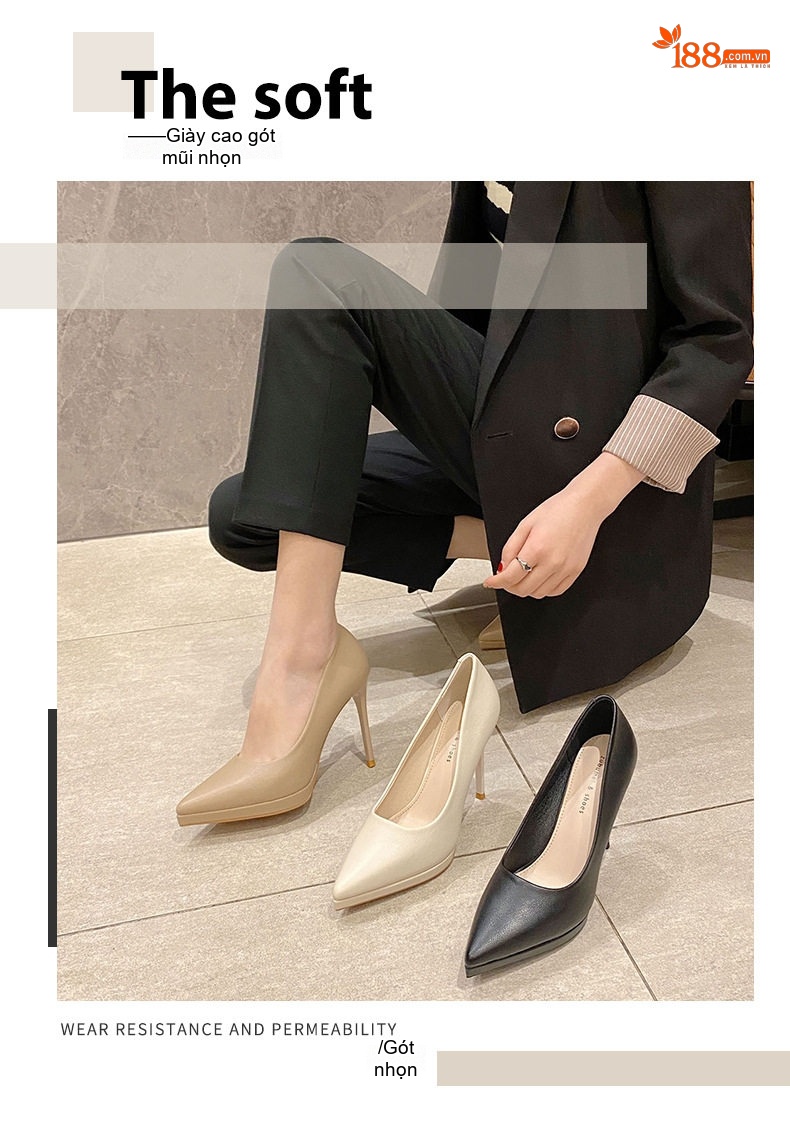 Giày Cao Gót Nữ Da Bóng Công Sở Chiều Cao Đế Khoảng 8cm Màu Đen, Kem chi tiết 2