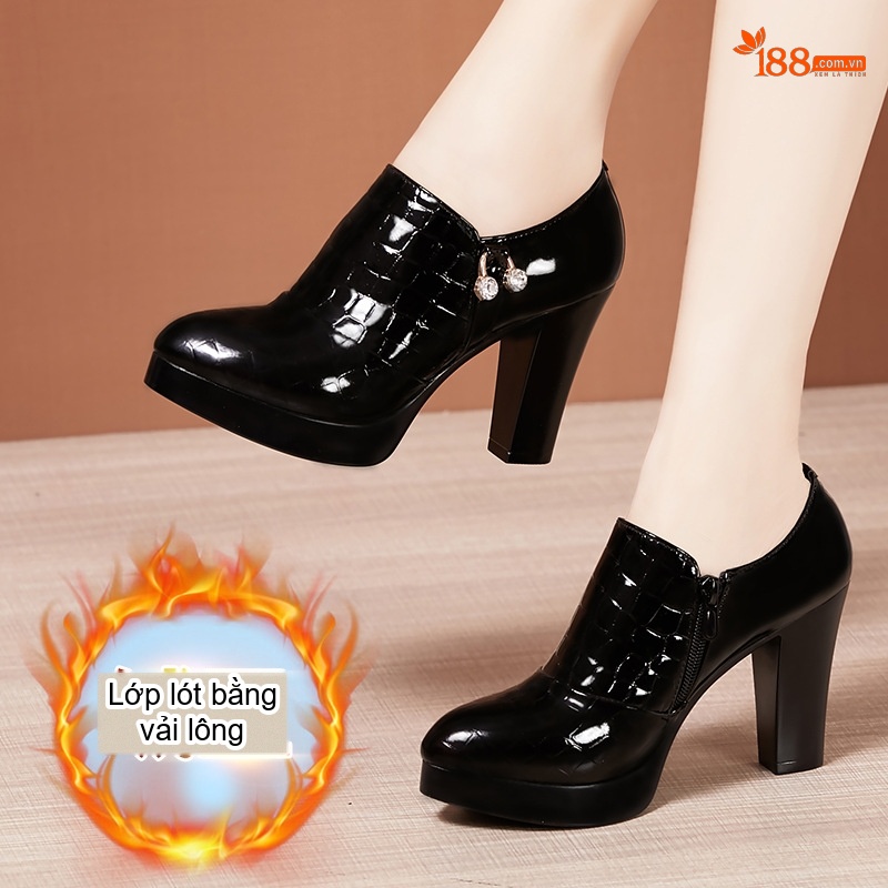 Giày Cao Gót Nữ Da Bóng Dập Vân Chiều Cao Đế Khoảng 7cm Lót Lông Màu Đen, Đỏ