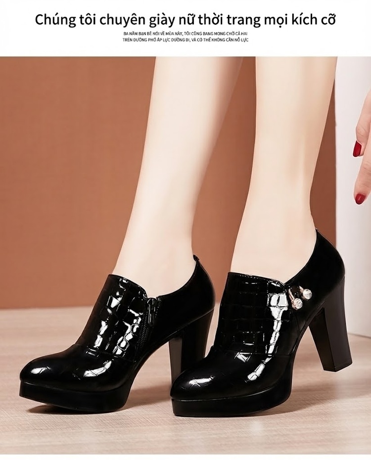 Giày Cao Gót Nữ Da Bóng Dập Vân Chiều Cao Đế Khoảng 7cm Lót Lông Màu Đen, Đỏ chi tiết 12