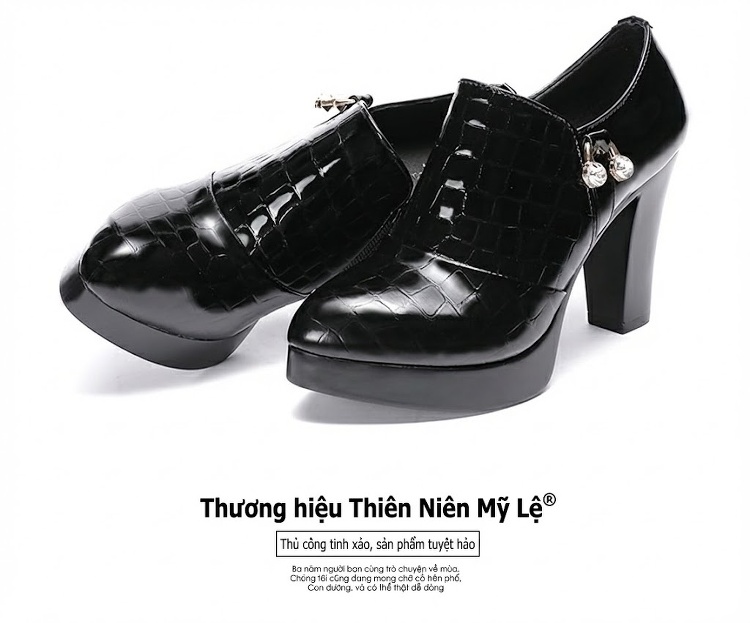 Giày Cao Gót Nữ Da Bóng Dập Vân Chiều Cao Đế Khoảng 7cm Lót Lông Màu Đen, Đỏ chi tiết 17