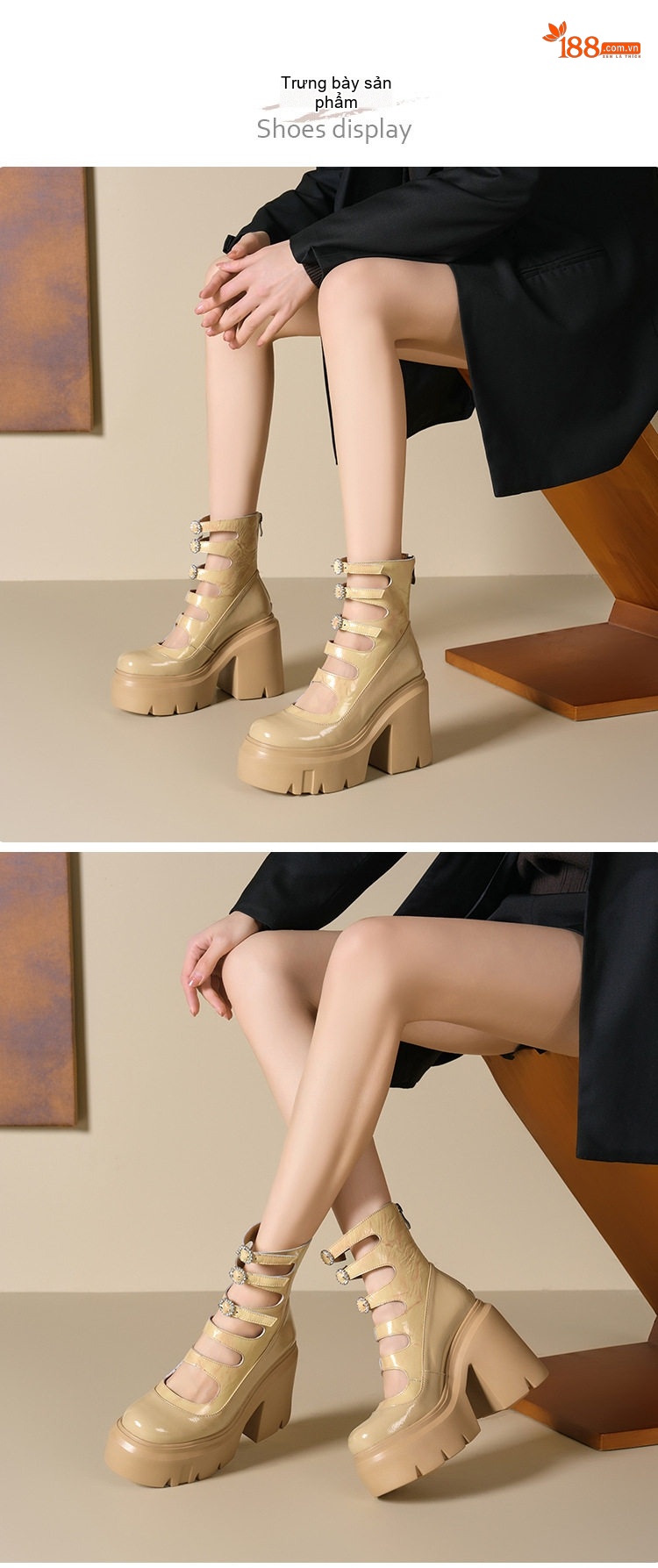 Giày Cao Gót Nữ Da Bóng Đế Dày Platform Chiều Cao Đế Khoảng 8cm Phong Cách La Mã Màu Be, Đen chi tiết 1