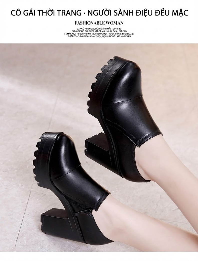 Giày Cao Gót Nữ Da Bóng Đế Xuồng Chiều Cao Đế Khoảng 8cm Màu Đen chi tiết 3