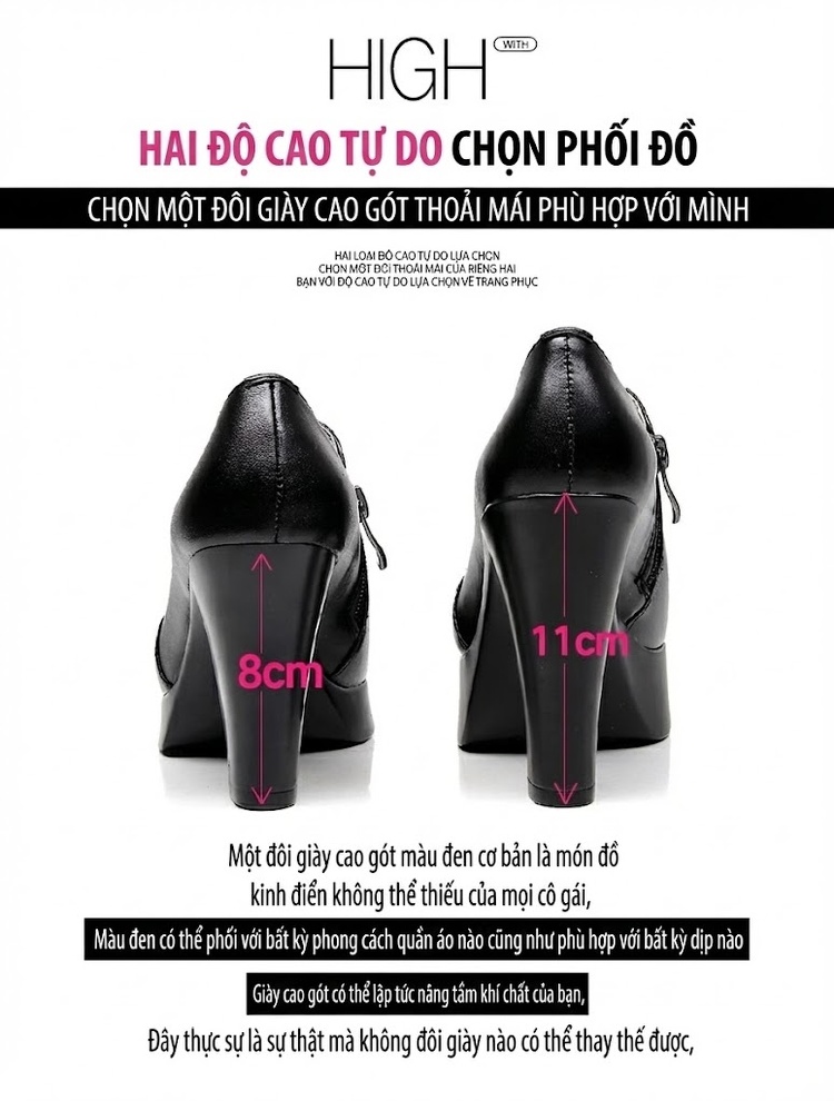 Giày Cao Gót Nữ Da Bóng Đế Xuồng Chiều Cao Đế Khoảng 8cm Màu Đen chi tiết 4