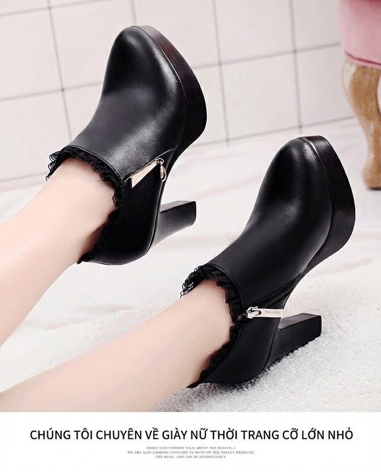 Giày Cao Gót Nữ Da Bóng Đế Xuồng Lót Lông Chiều Cao Đế Khoảng 11cm Màu Đen chi tiết 9
