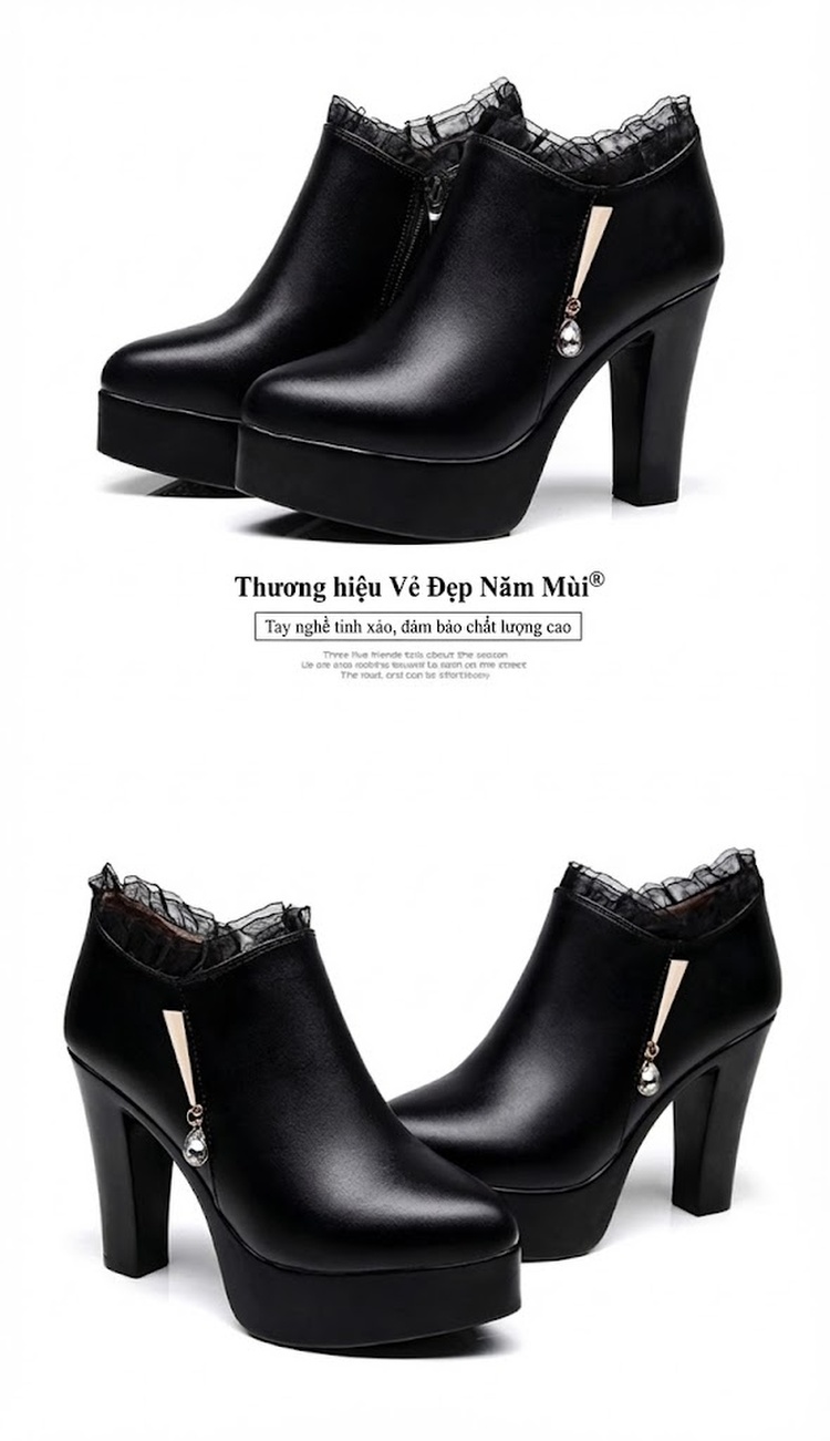 Giày Cao Gót Nữ Da Bóng Đế Xuồng Lót Lông Chiều Cao Đế Khoảng 11cm Màu Đen chi tiết 13