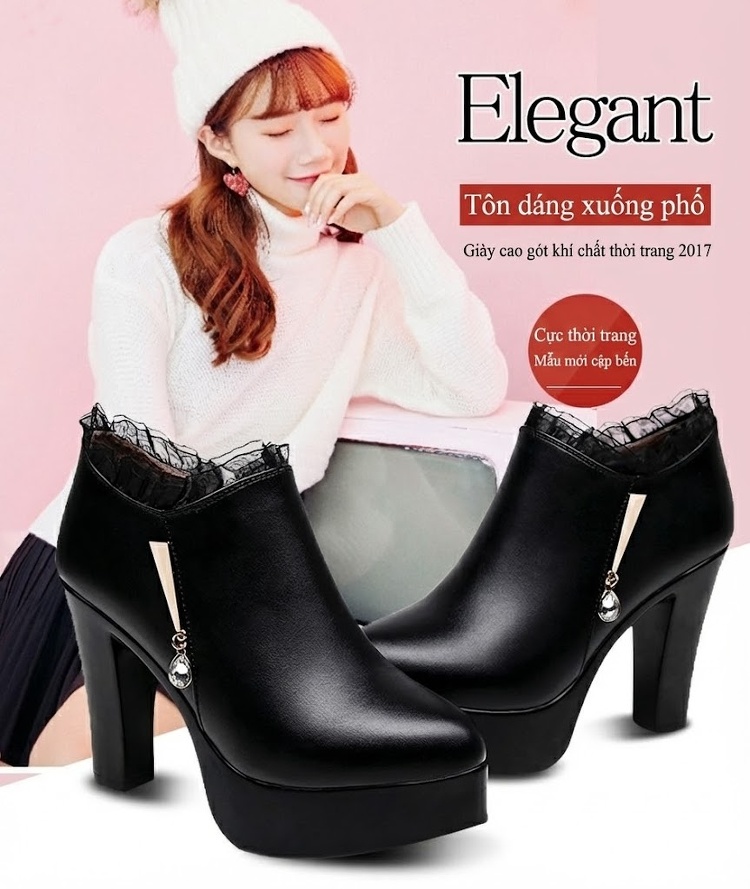 Giày Cao Gót Nữ Da Bóng Đế Xuồng Lót Lông Chiều Cao Đế Khoảng 11cm Màu Đen chi tiết 1