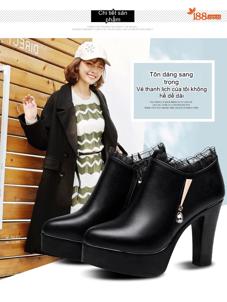 Giày Cao Gót Nữ Da Bóng Đế Xuồng Lót Lông Chiều Cao Đế Khoảng 11cm Màu Đen chi tiết 4