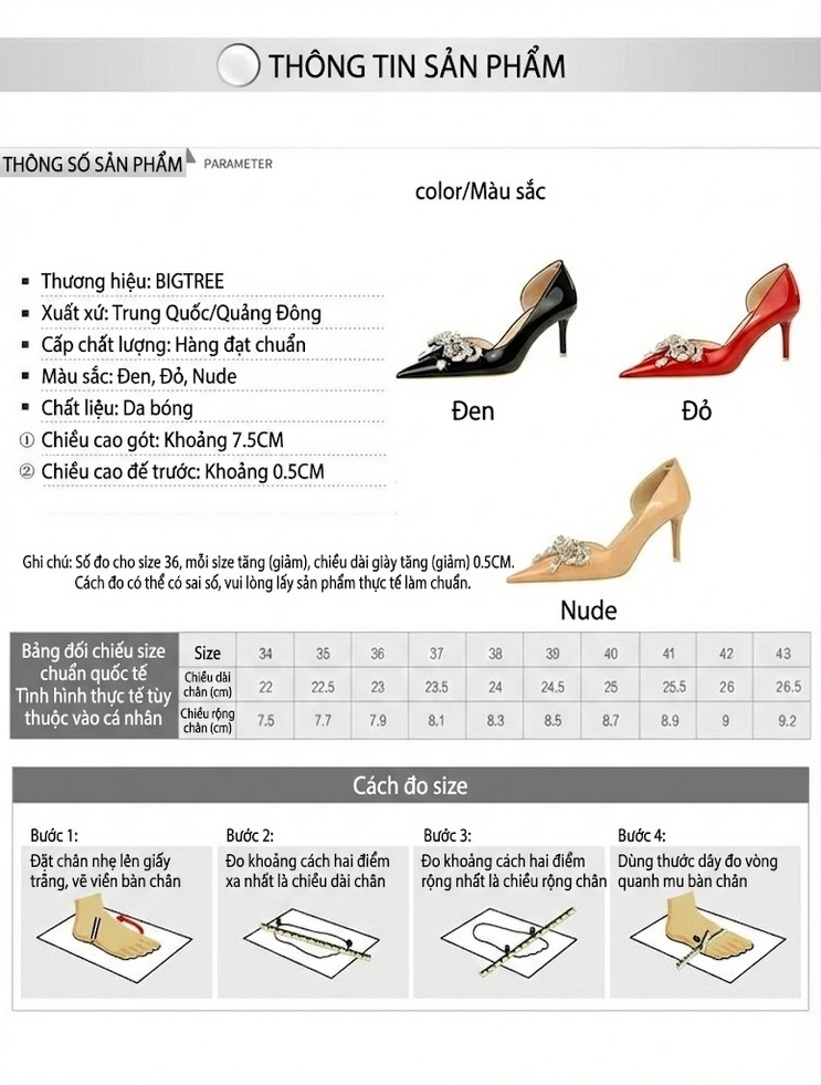 Giày Cao Gót Nữ Da Bóng Hở Bên Chiều Cao Đế Khoảng 6cm Đính Đá Màu Đen, Đỏ, Nude chi tiết 1