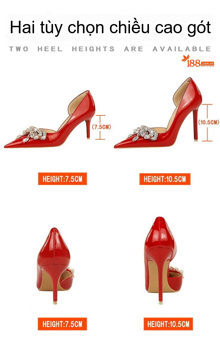 Giày Cao Gót Nữ Da Bóng Hở Bên Chiều Cao Đế Khoảng 6cm Đính Đá Màu Đen, Đỏ, Nude chi tiết 2