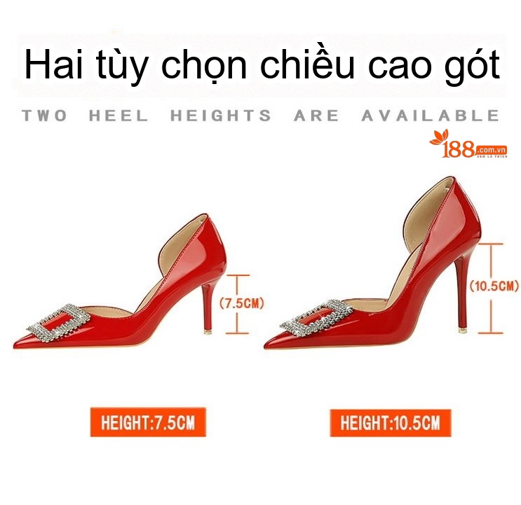 Giày Cao Gót Nữ Da Bóng Hở Bên Chiều Cao Đế Khoảng 7cm Khóa Vuông Đính Đá Màu Đen, Đỏ, Kem chi tiết 2