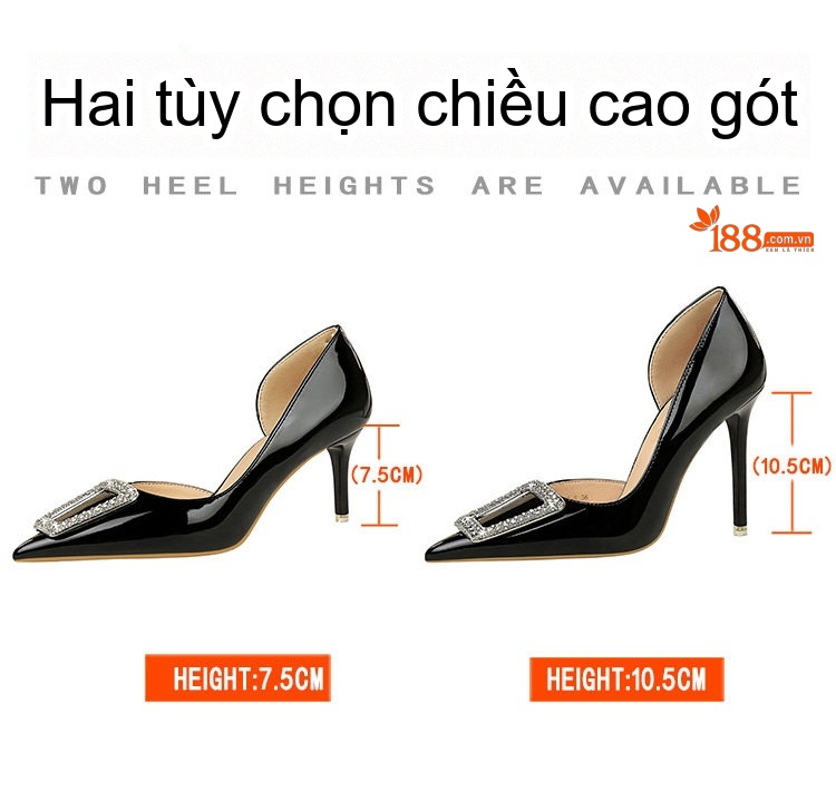 Giày Cao Gót Nữ Da Bóng Hở Bên Chiều Cao Đế Khoảng 7cm Mũi Nhọn Đính Đá Màu Đen, Đỏ, Kem chi tiết 2