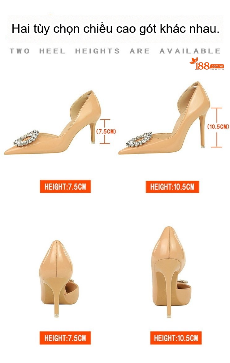Giày Cao Gót Nữ Da Bóng Hở Bên Chiều Cao Đế Khoảng 8cm Đính Đá Màu Đen, Đỏ, Kem chi tiết 2