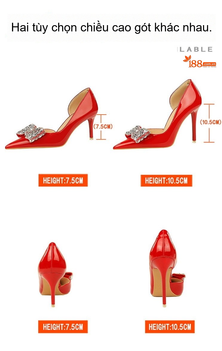 Giày Cao Gót Nữ Da Bóng Hở Bên Chiều Cao Đế Khoảng 8cm Đính Nơ Màu Đỏ, Đen, Kem, Nâu Đỏ chi tiết 2