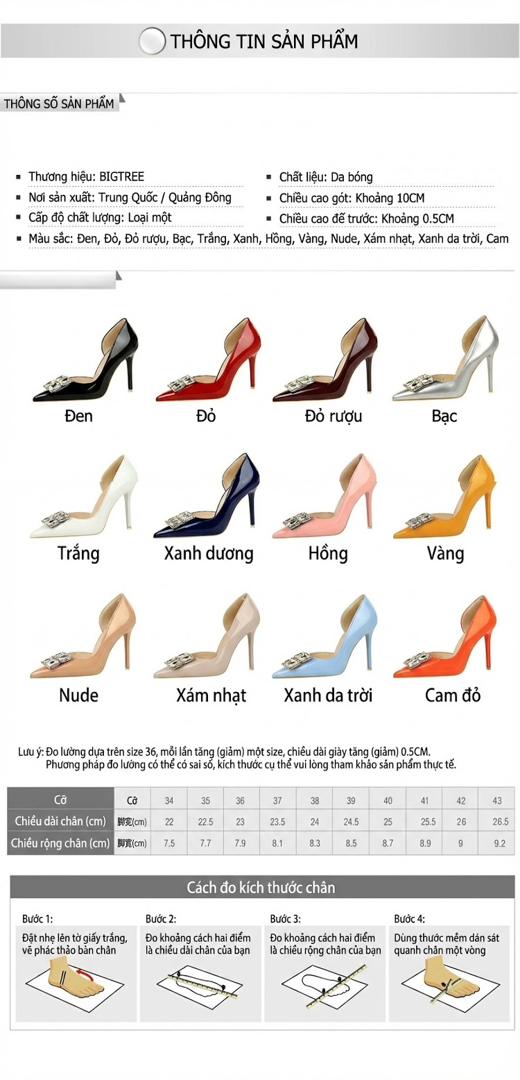 Giày Cao Gót Nữ Da Bóng Hở Bên Chiều Cao Đế Khoảng 8cm Gót Nhọn Mũi Nhọn Đính Đá Màu Đen, Đỏ, Trắng, Xanh Navy chi tiết 1