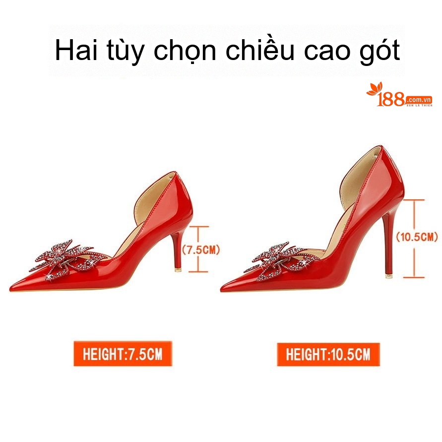 Giày Cao Gót Nữ Da Bóng Hở Bên Hông Mũi Nhọn Đính Đá Hình Bướm Chiều Cao Đế 7.5cm Màu Đen, Đỏ, Kem
