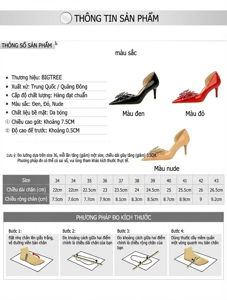 Giày Cao Gót Nữ Da Bóng Hở Bên Hông Mũi Nhọn Đính Đá Hình Bướm Chiều Cao Đế 7.5cm Màu Đen, Đỏ, Kem chi tiết 1