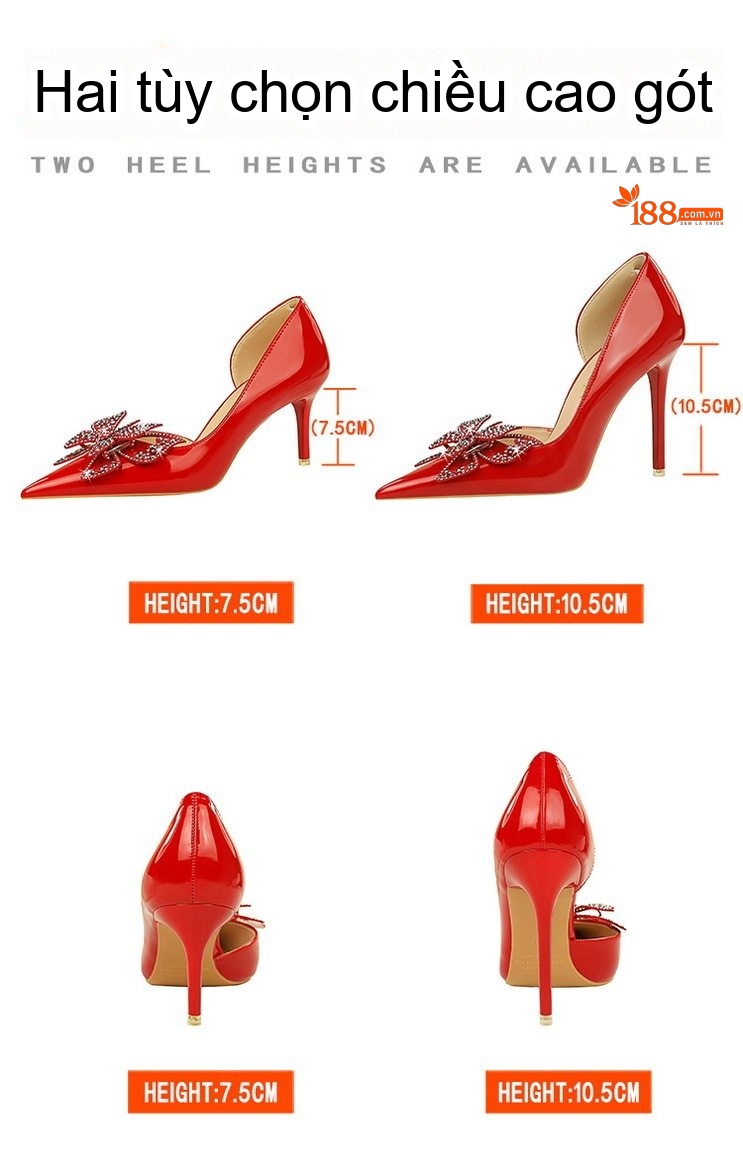 Giày Cao Gót Nữ Da Bóng Hở Bên Hông Mũi Nhọn Đính Đá Hình Bướm Chiều Cao Đế 7.5cm Màu Đen, Đỏ, Kem chi tiết 2